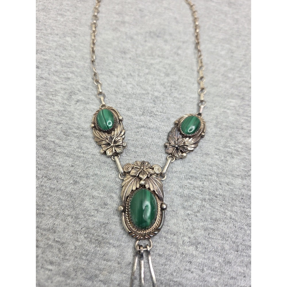 Rare Roie Jaque Navajo Signed Sterling Silver Malachite Floral Necklace OOAK - Picture 3 of 15